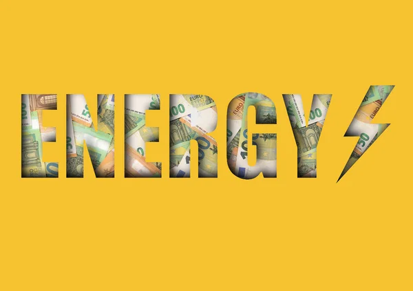 フラッシュシンボルとユーロ紙幣とエネルギー文字 黄色のエネルギー世界危機問題の概念 トップ表示 — ストック写真