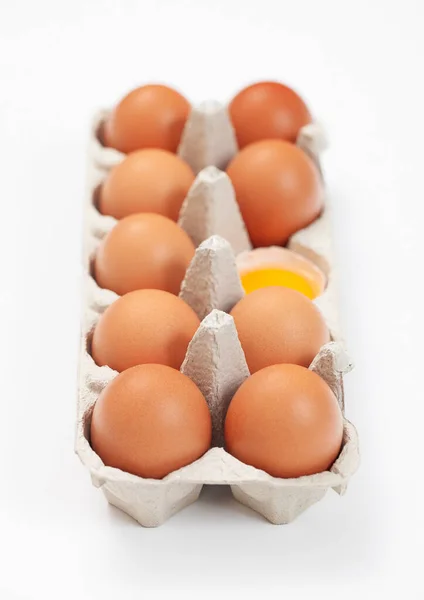 Raw Brown Organic Eggs Paper Tray White — Stock Photo, Image