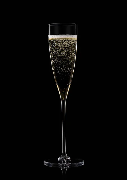 Verre Champagne Jaune Doré Sur Fond Noir Avec Reflet — Photo