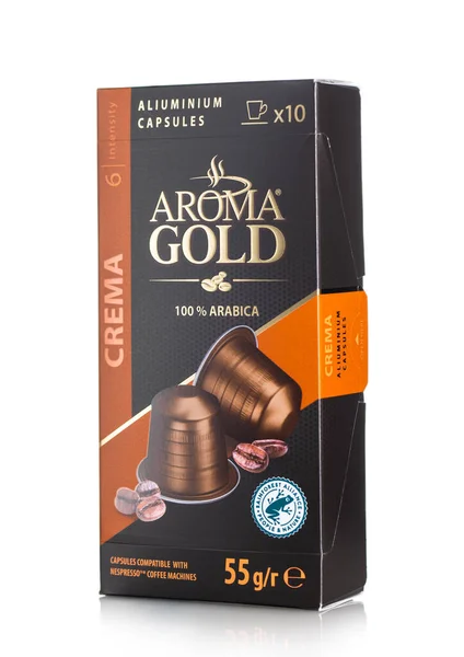 London December 2022 Aroma Gold Crema Aluminium Coffee Capsules Pods — 图库照片