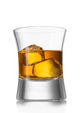 Scotch whiskey with ice cubes in elegant glass on white.