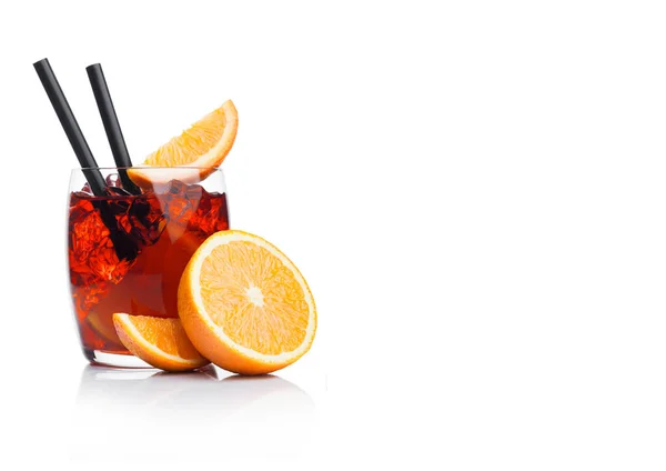 Negroni Cocktail Luxury Glass Ice Cubes Orange Slices Straw Half — Stock Photo, Image
