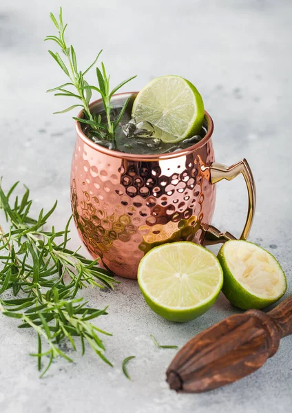 Moscow Mule Cocktail Copper Mug Lime Rosemary Wooden Squeezer Light — Stock Photo, Image