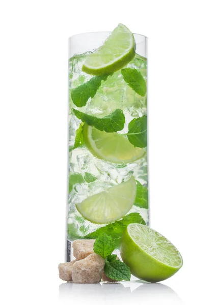 Highball Glass Mojito Summer Alcoholic Cocktail Ice Cubes Mint Lime — Stock Photo, Image