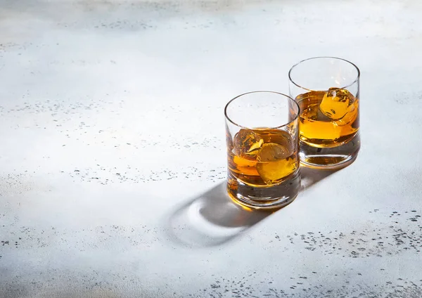 Glasses Single Malt Finest Whiskey Ice Cubes Light Background Top — Stock Photo, Image