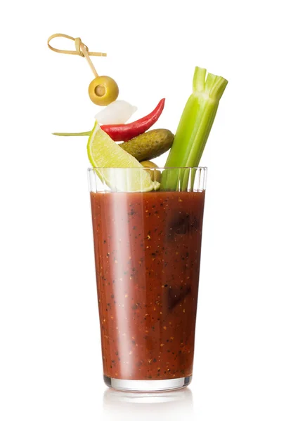 Glass Bloody Mary Cocktail Mix Black Pepper Celery White Pickle — Stock Photo, Image