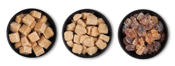 Black Bowl Plates Natural Brown Unrefined Caramelized Sugar Cubes White — Foto Stock