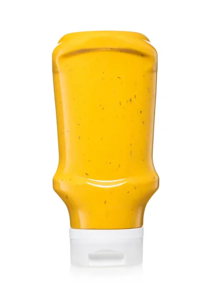 Hot Dog Kremowy Klasyczny Sos Musztardą Plastikowej Butelce Białym — Zdjęcie stockowe