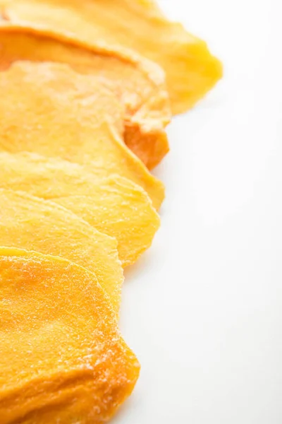 Dried Large Sweet Mango Slices White Background Macro — Stock Photo, Image