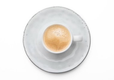 Espresso taze kahve fincanı beyaz üzerine. Harika bir enerji kaynağı.