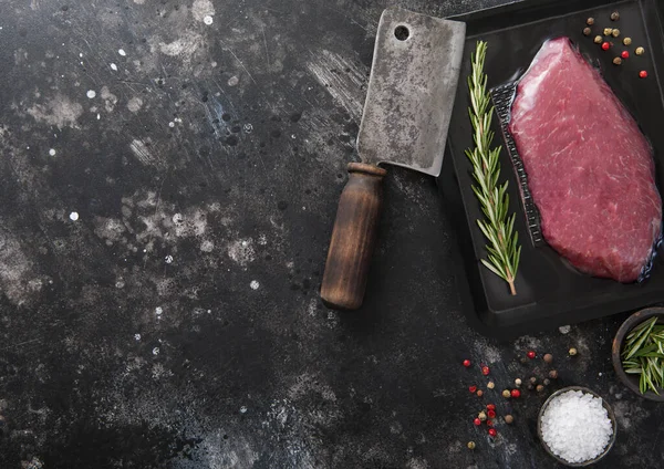Raw Sirloin Ribeye Fillet Steak Vacuum Tray Meat Cleaver Rosemary — Stock Photo, Image