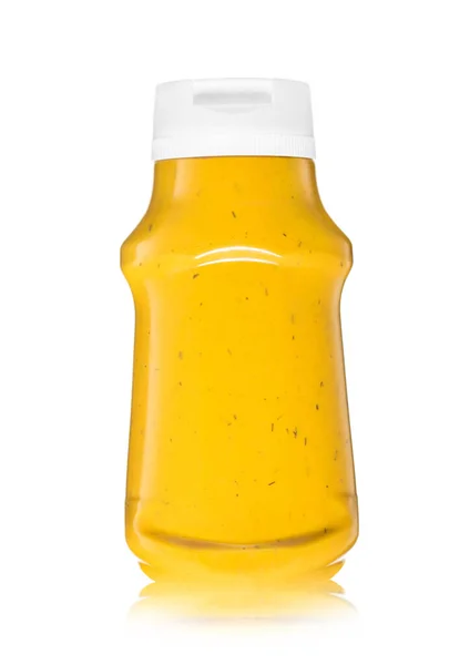 Hot Dog Κρεμώδη Κλασική Σάλτσα Μουστάρδα Πλαστικό Μπουκάλι Λευκό — Φωτογραφία Αρχείου