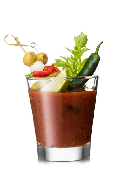 Bloody Mary Cocktail Mix Com Pimenta Vermelha Verde Azeitona Aipo — Fotografia de Stock