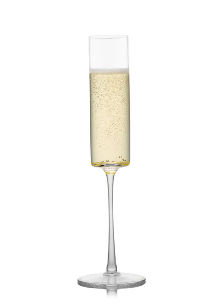 Champagne Jaune Doré Verre Cristal Fin Avec Bulles Sur Blanc — Photo