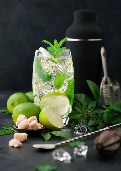 Glass Mojito Cocktail Ice Cubes Mint Lime Black Board Spoon — Fotografia de Stock