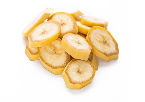 Fresh Raw Organic Banana Slices Yellow Skin White Background Macro — Stock Photo, Image