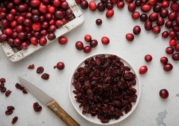 Plate Dried Red Sweet Cranberry Ripe Cranberries Wooden Box — Stock Photo, Image