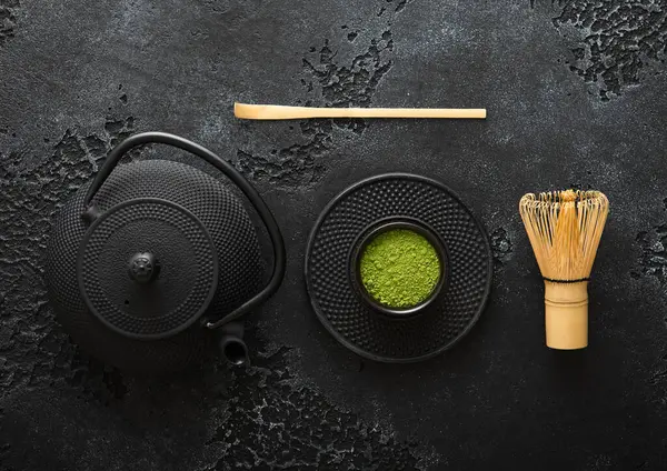 Organic Matcha Green Tea Powder Bamboo Whisk Spoon Japanese Traditional — Stock Photo, Image