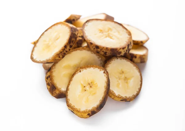 Fresh Raw Organic Banana Slices Brown Spots White Background Macro — Stock Photo, Image