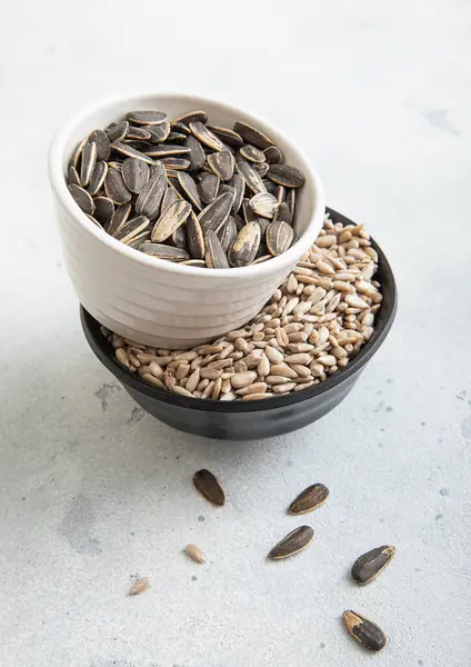 Bowls Peeled Whole Raw Salted Sunflower Seeds Light Table Royalty Free Stock Photos