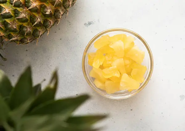 Dried Soft Sweet Pineapple Slices Glass Bowl Raw Pineapple Light Stock Image