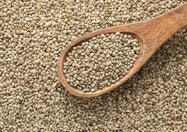 Green Raw Healthy Organic Hemp Food Seeds Wooden Spoon Kitchen Stock Photo