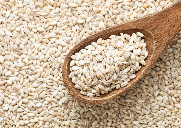 Wooden Spoon Organic Healthy Pearl Barley Grain Seed Stock Photo