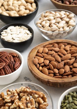 Fıstık, fındık, ceviz, badem, fıstık, ayçiçeği, balkabağı, chia ve kaju..