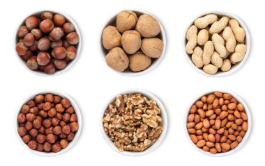 Fındıklı, fındıklı ve fındıklı kase tabakları beyaz arka planda izole..