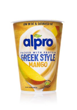 LONDON, UK - DECEMBER 10, 2024: Alpro greek style yogurt packed with protein on white background. clipart