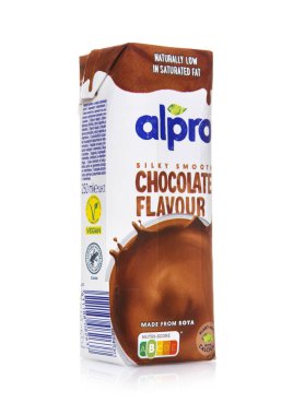 LONDON, UK - DECEMBER 15, 2024: Alpro subtly smooth chocolate flavour drink on white background. clipart