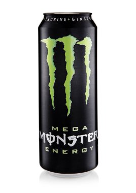 LONDON, İngiltere - 11 Mart 2025: Orijinal Mega Canavarı enerji meşrubat içecek Taurine ve kafein beyaz.
