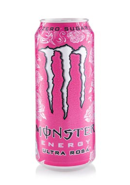 LONDON, İngiltere - 12 Mart 2025: Canavarın enerji konservesi ultra rosa sıfır şekerli alkolsüz soda.