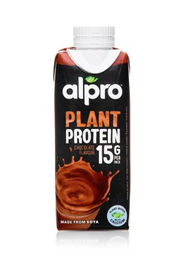 LONDON, UK - DECEMBER 15, 2024: Alpro plant protein chocolate flavour drink on white background.