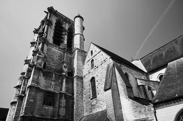 Stenen Toren Van Historische Kerk Troyes Frankrijk Monochroom — Stockfoto