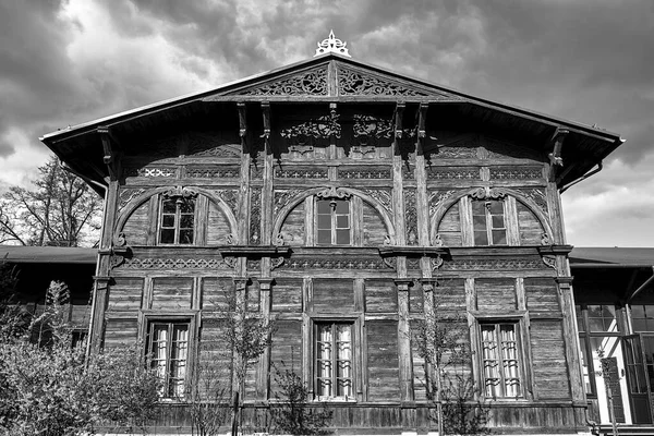 Facade Windows Historic Wooden House City Ciechocinek Poland Monochrome — Stock Photo, Image