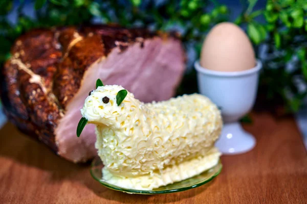 Easter Lamb Butter Ham Egg Wooden Table Poland — Stock Photo, Image