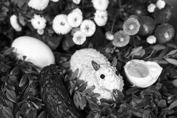 Tradycyjna Wielkanocna Jagnięcina Masła Gałązek Boxwood Kolorowych Wiosennych Kwiatów Polsce — Zdjęcie stockowe