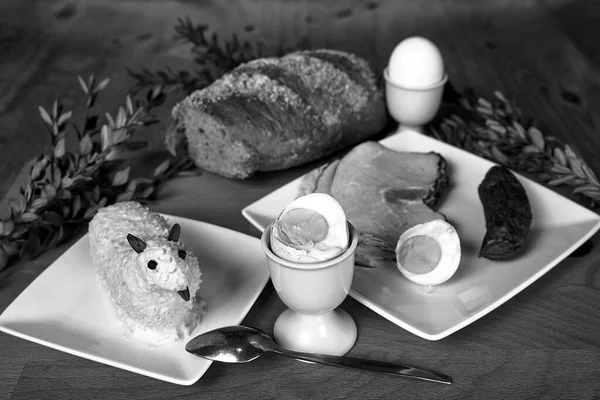 Traditional Dishes Easter Breakfast Butter Lamb Poland Monochrome — ストック写真