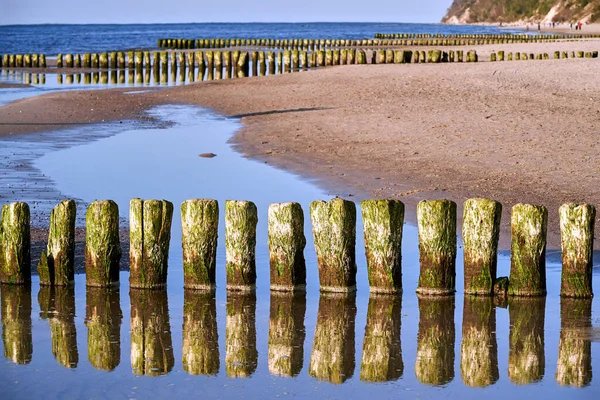 Una Serie Frangiflutti Legno Una Spiaggia Sabbiosa Sull Isola Wolin — Foto Stock