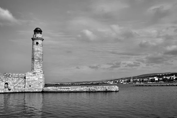 Faro Histórico Puerto Rethymno Isla Creta Grecia Monocromo —  Fotos de Stock