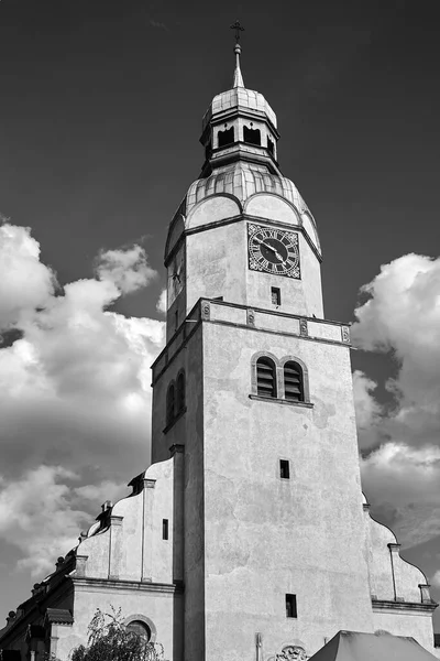 Klok Klokkentoren Van Historische Kerk Poznan Monochroom — Stockfoto