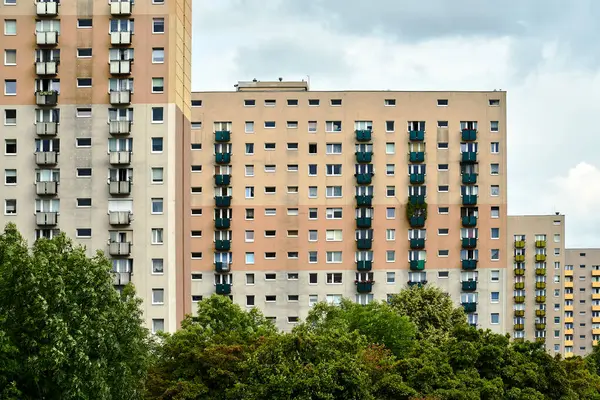 The facade  with balconies of a residential high-rise buildings in Poznan, Poland