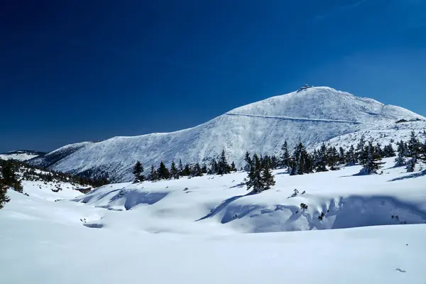 Tourist Shelter Snow Covered Peak Sniezka Karkonosze Mountains Poland Stock Photo