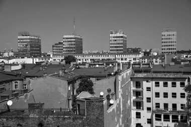 Poznan şehrinin modern gökdelenleri ve apartman çatıları olan panoraması, Polonya, tek renkli