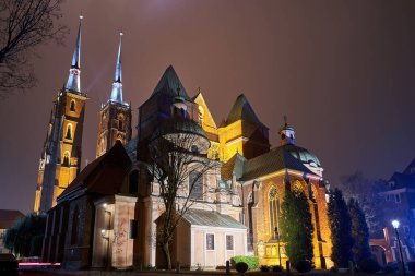 Gotik Katedral St. John Vaftizci Katedrali gece Wroclaw, Polonya 'da