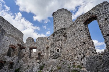 Polonya 'nın Ogrodzieniec kentindeki bir ortaçağ şatosunun kalıntıları.