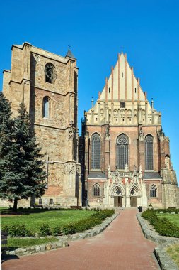 Ortaçağ campanile ve cephe Polonya Nysa şehir bir Gotik Kilisesi