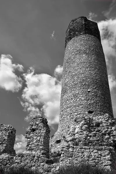 Polonya, Olsztyn 'de bir kulesi olan bir ortaçağ şatosunun kireçtaşı kayaları ve kalıntıları.