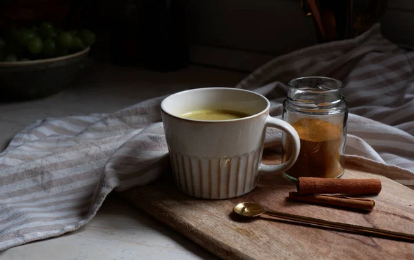 Golden Latte Cup Hot Turmeric Latte Cinnamon Sticks Wooden Cutting — Stock Photo, Image